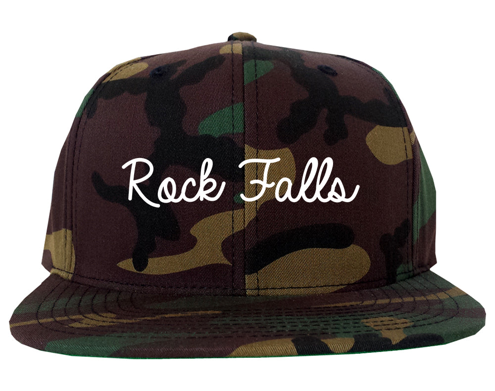 Rock Falls Illinois IL Script Mens Snapback Hat Army Camo
