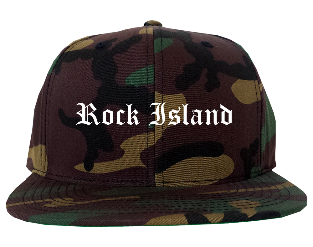 Rock Island Illinois IL Old English Mens Snapback Hat Army Camo