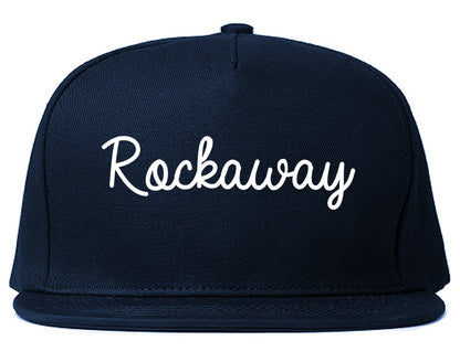 Rockaway New Jersey NJ Script Mens Snapback Hat Navy Blue