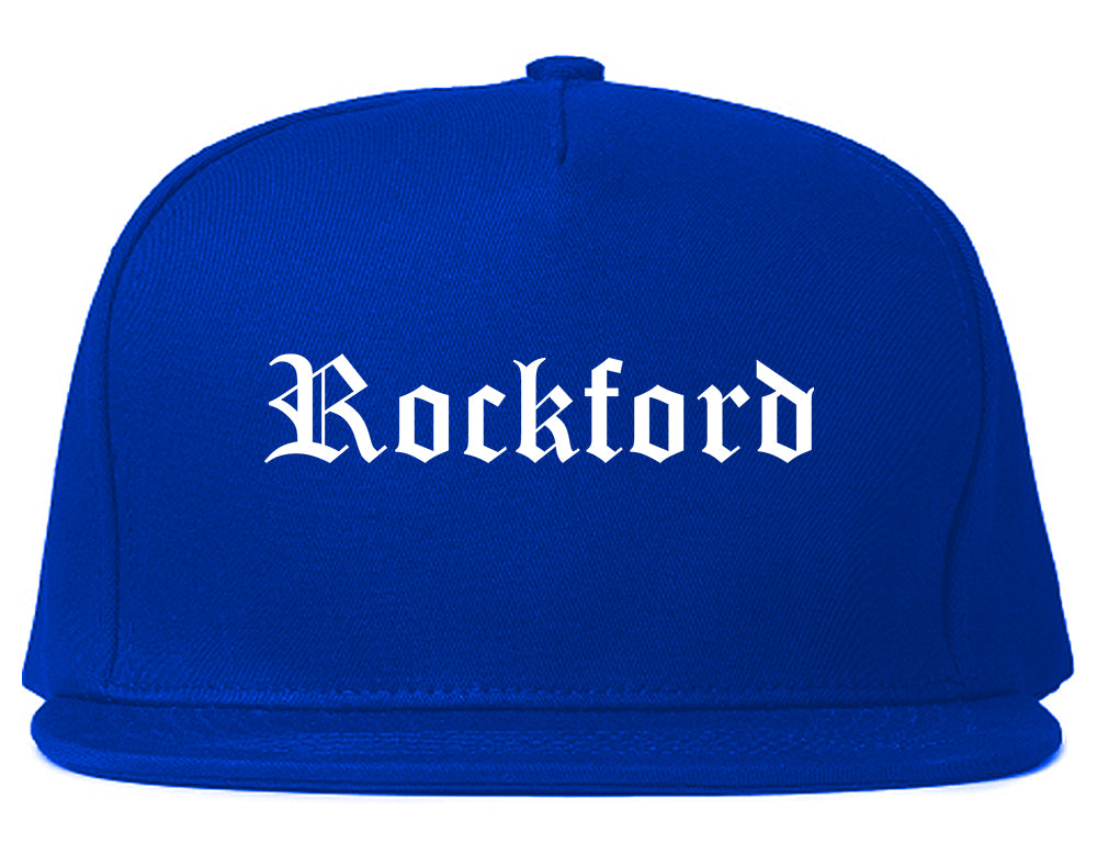 Rockford Michigan MI Old English Mens Snapback Hat Royal Blue