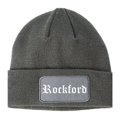 Rockford Michigan MI Old English Mens Knit Beanie Hat Cap Grey