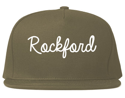 Rockford Michigan MI Script Mens Snapback Hat Grey