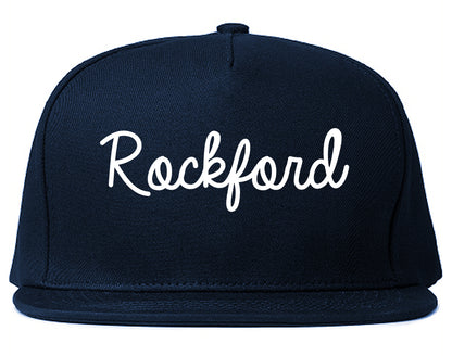 Rockford Michigan MI Script Mens Snapback Hat Navy Blue