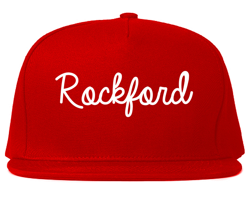 Rockford Michigan MI Script Mens Snapback Hat Red