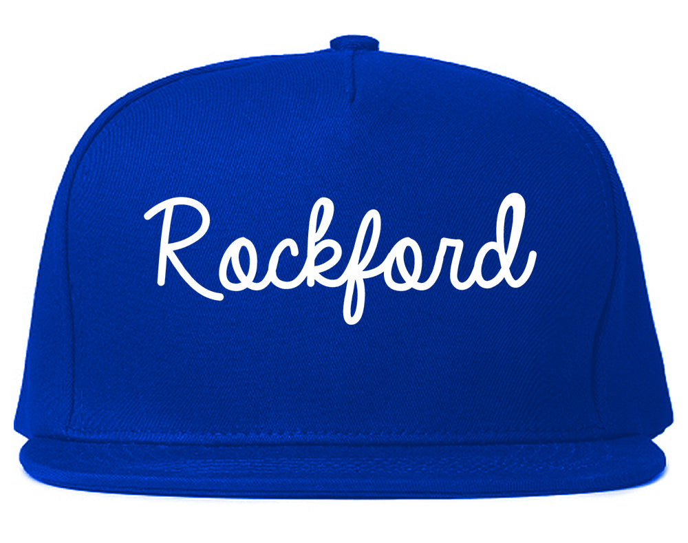 Rockford Michigan MI Script Mens Snapback Hat Royal Blue