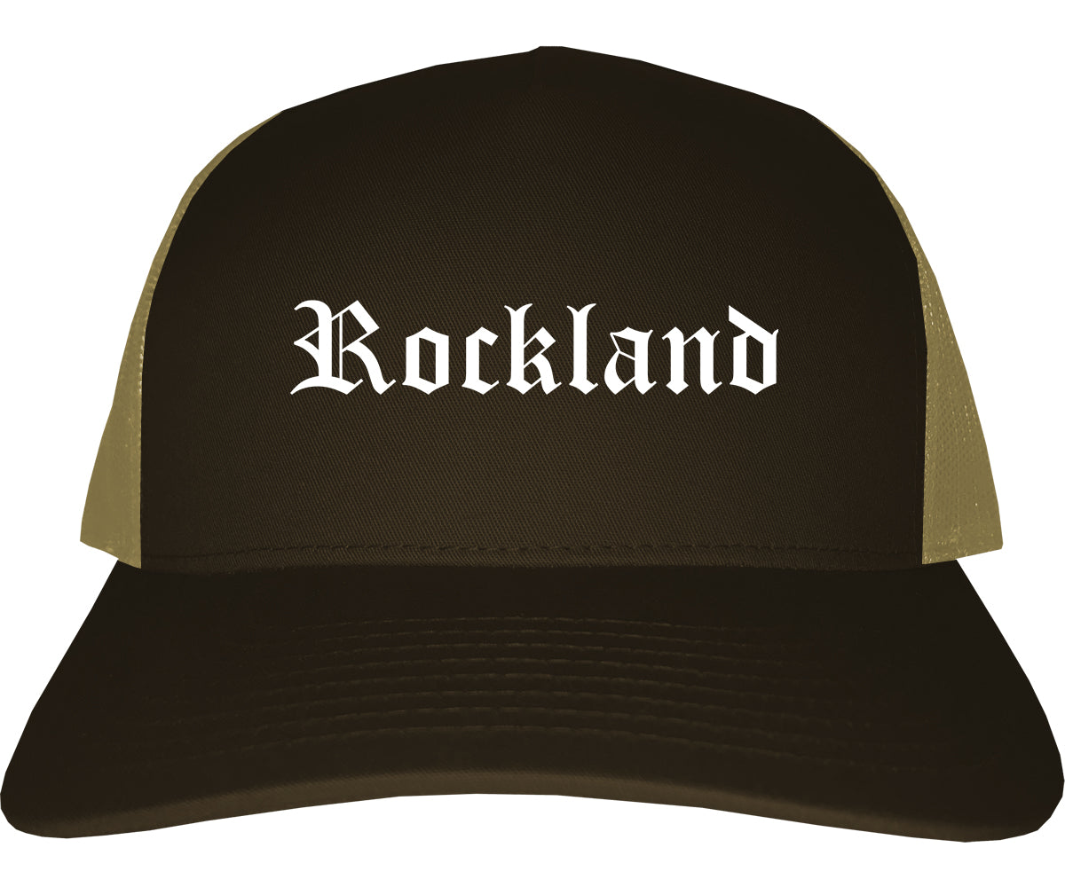 Rockland Maine ME Old English Mens Trucker Hat Cap Brown