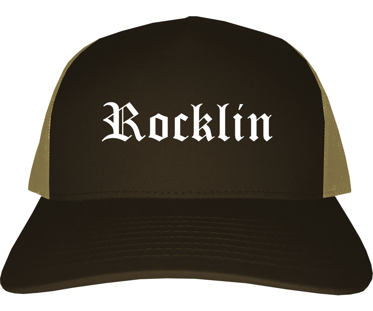 Rocklin California CA Old English Mens Trucker Hat Cap Brown