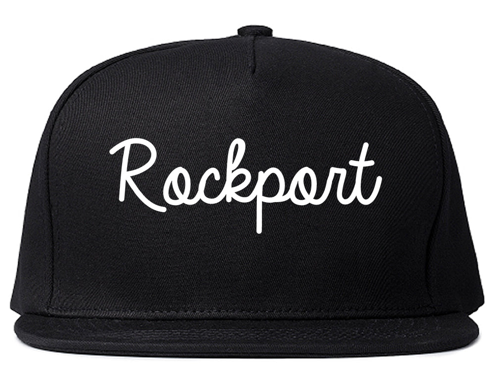 Rockport Texas TX Script Mens Snapback Hat Black