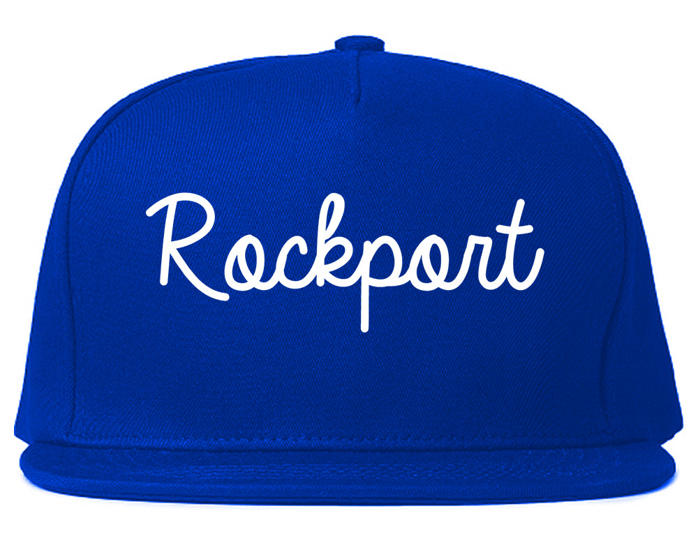 Rockport Texas TX Script Mens Snapback Hat Royal Blue