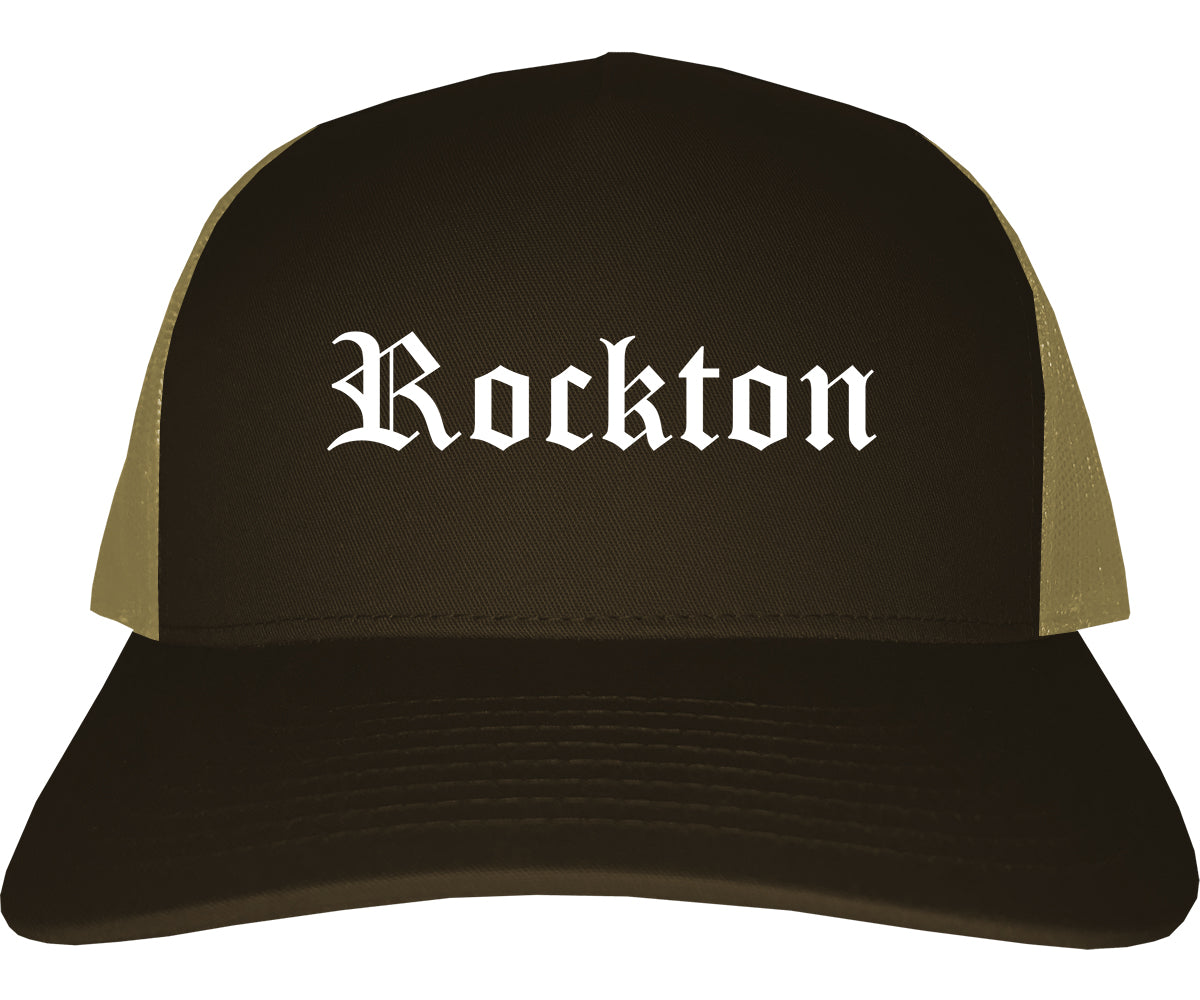 Rockton Illinois IL Old English Mens Trucker Hat Cap Brown