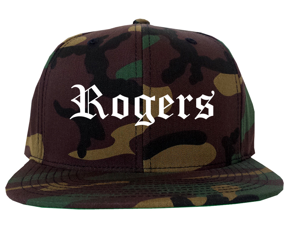 Rogers Arkansas AR Old English Mens Snapback Hat Army Camo