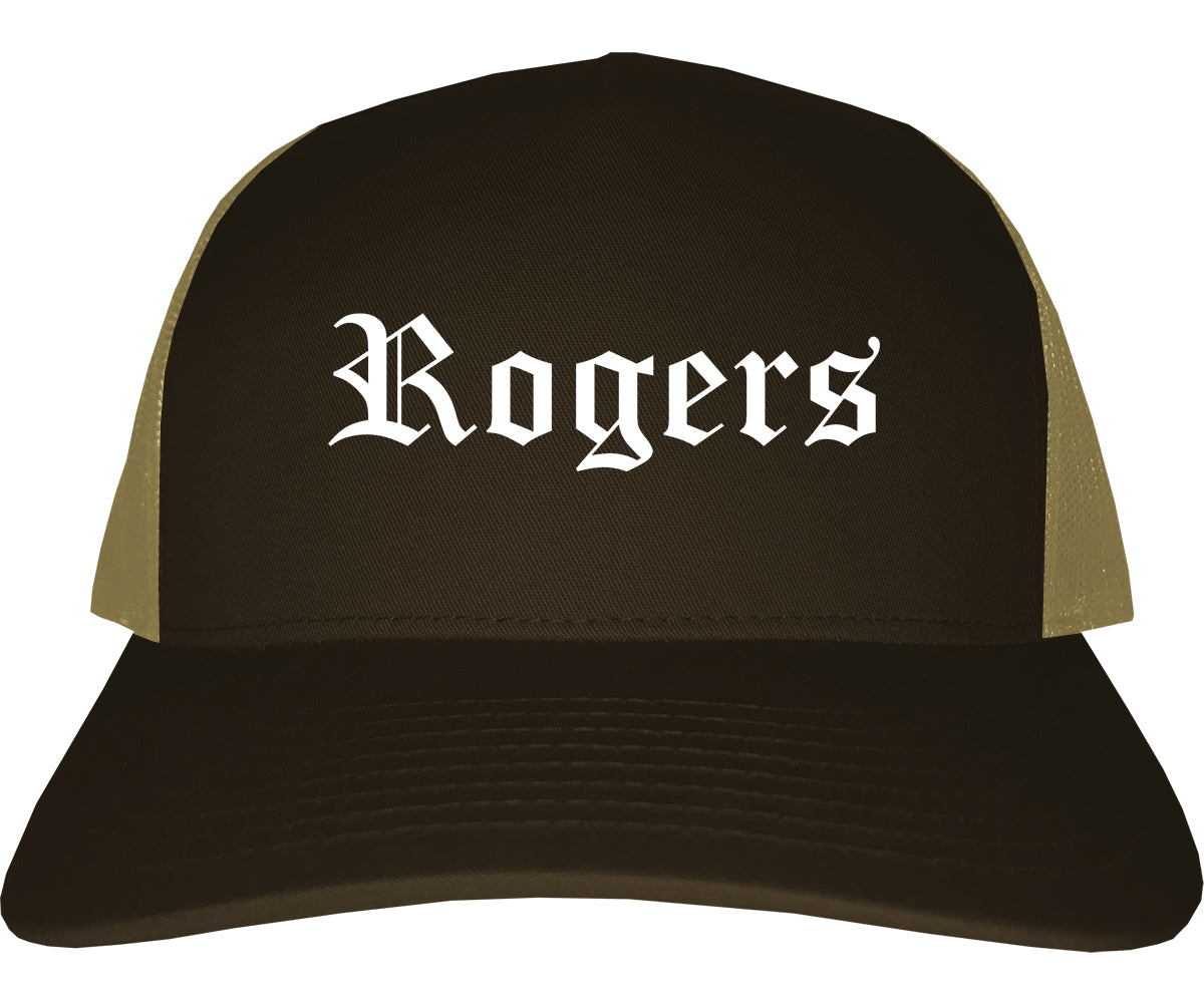 Rogers Arkansas AR Old English Mens Trucker Hat Cap Brown