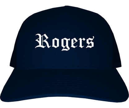 Rogers Arkansas AR Old English Mens Trucker Hat Cap Navy Blue