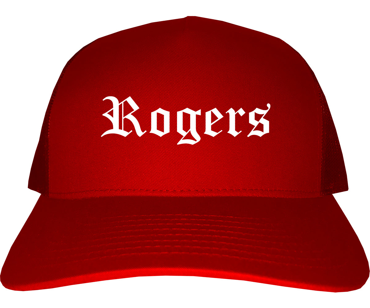 Rogers Arkansas AR Old English Mens Trucker Hat Cap Red