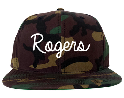 Rogers Arkansas AR Script Mens Snapback Hat Army Camo