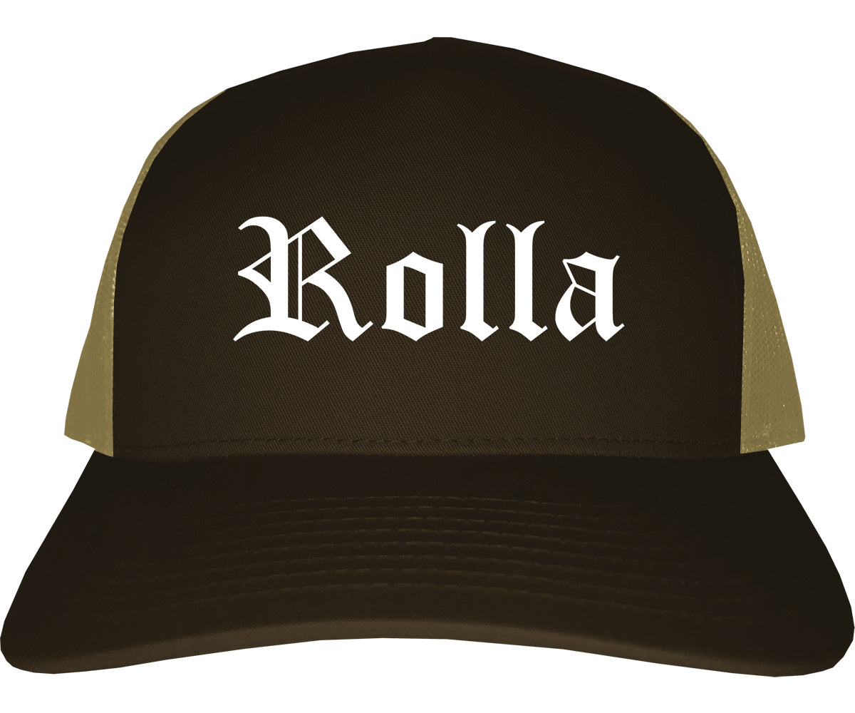 Rolla Missouri MO Old English Mens Trucker Hat Cap Brown