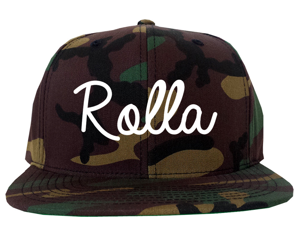 Rolla Missouri MO Script Mens Snapback Hat Army Camo