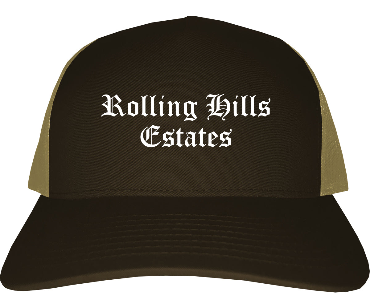 Rolling Hills Estates California CA Old English Mens Trucker Hat Cap Brown