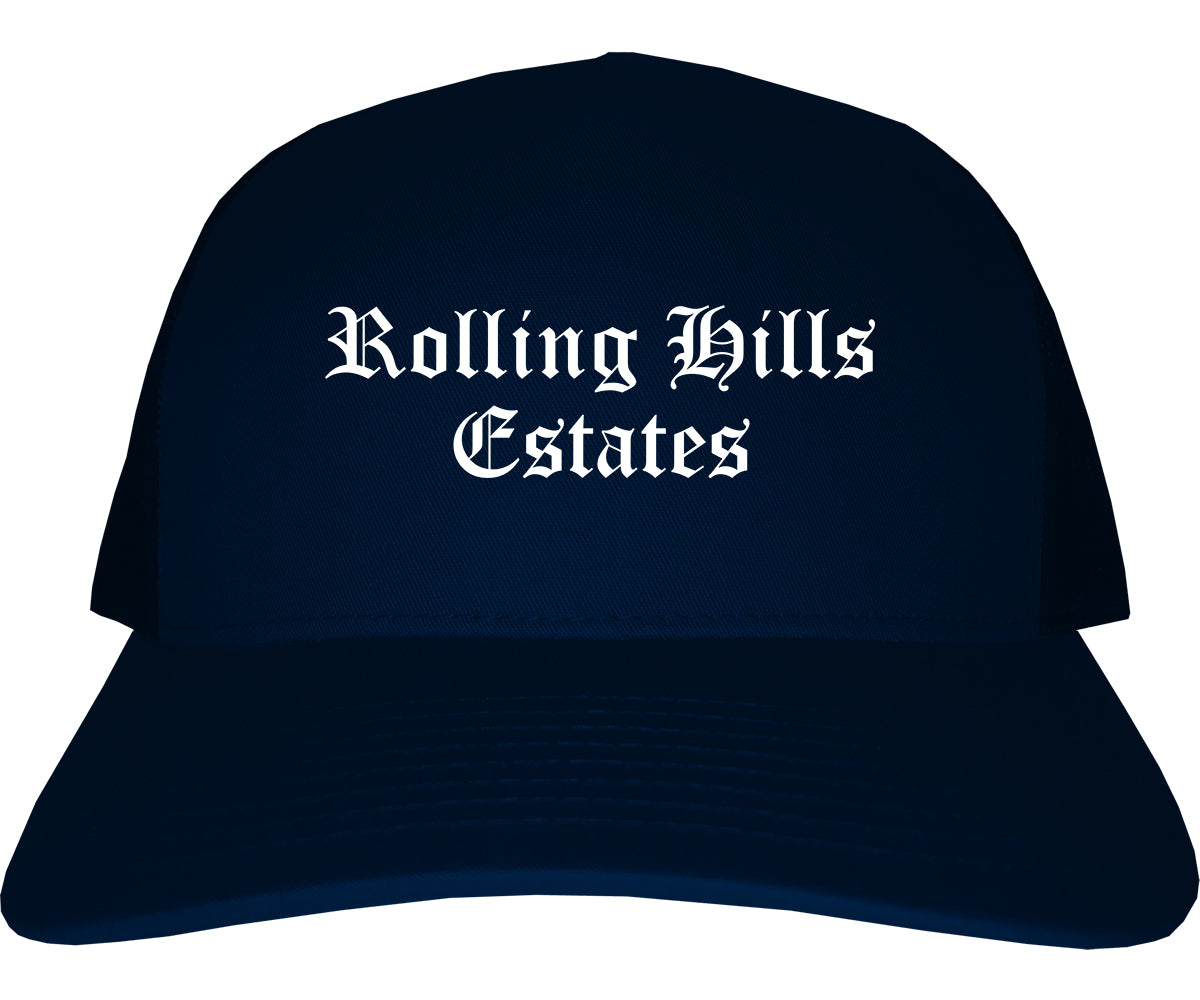 Rolling Hills Estates California CA Old English Mens Trucker Hat Cap Navy Blue