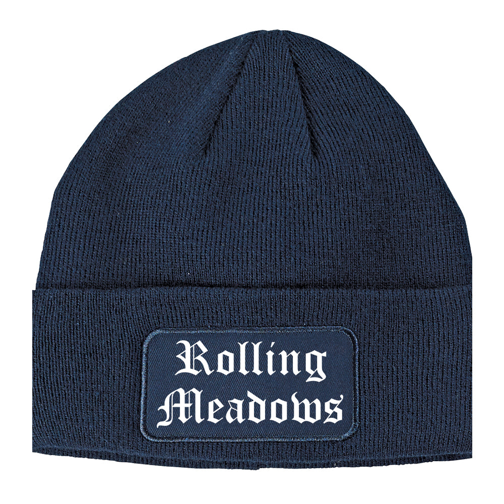 Rolling Meadows Illinois IL Old English Mens Knit Beanie Hat Cap Navy Blue