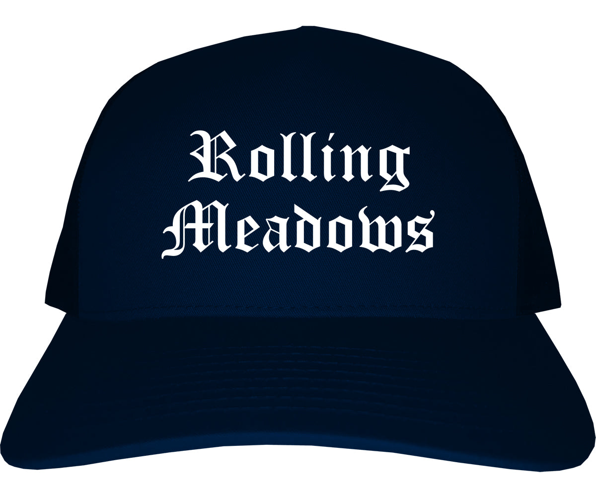 Rolling Meadows Illinois IL Old English Mens Trucker Hat Cap Navy Blue