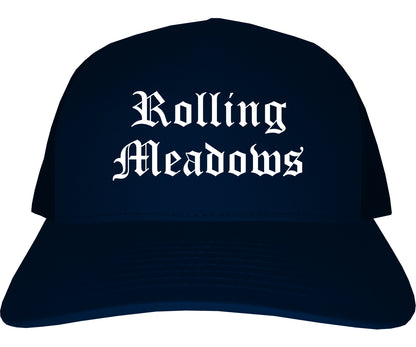 Rolling Meadows Illinois IL Old English Mens Trucker Hat Cap Navy Blue