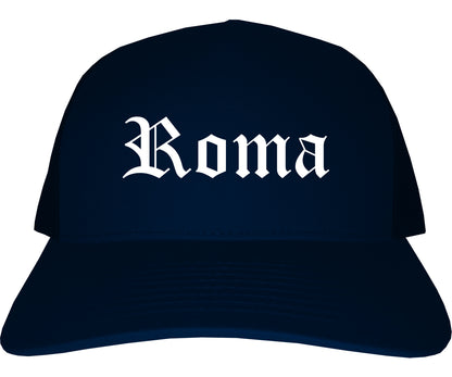 Roma Texas TX Old English Mens Trucker Hat Cap Navy Blue