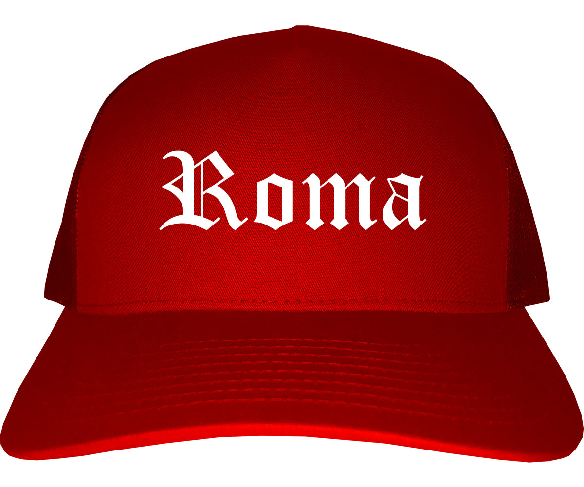 Roma Texas TX Old English Mens Trucker Hat Cap Red