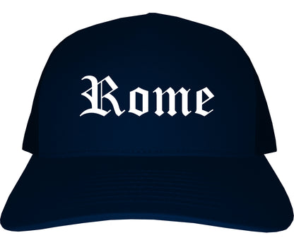 Rome New York NY Old English Mens Trucker Hat Cap Navy Blue