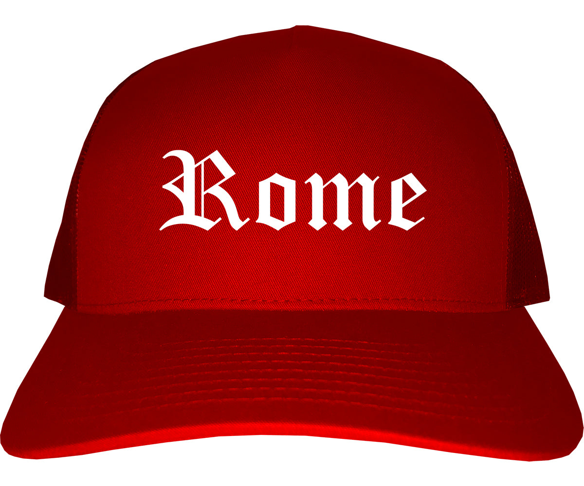 Rome New York NY Old English Mens Trucker Hat Cap Red