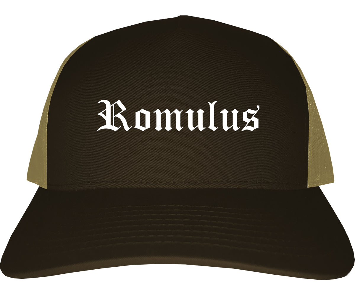 Romulus Michigan MI Old English Mens Trucker Hat Cap Brown