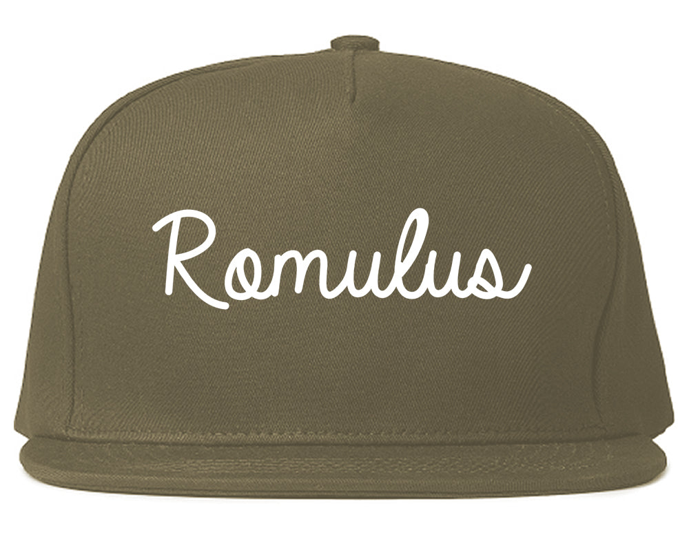 Romulus Michigan MI Script Mens Snapback Hat Grey