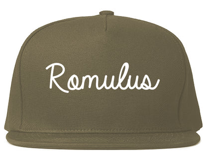 Romulus Michigan MI Script Mens Snapback Hat Grey