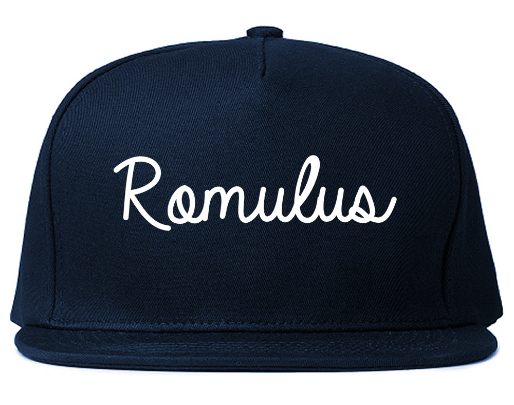 Romulus Michigan MI Script Mens Snapback Hat Navy Blue
