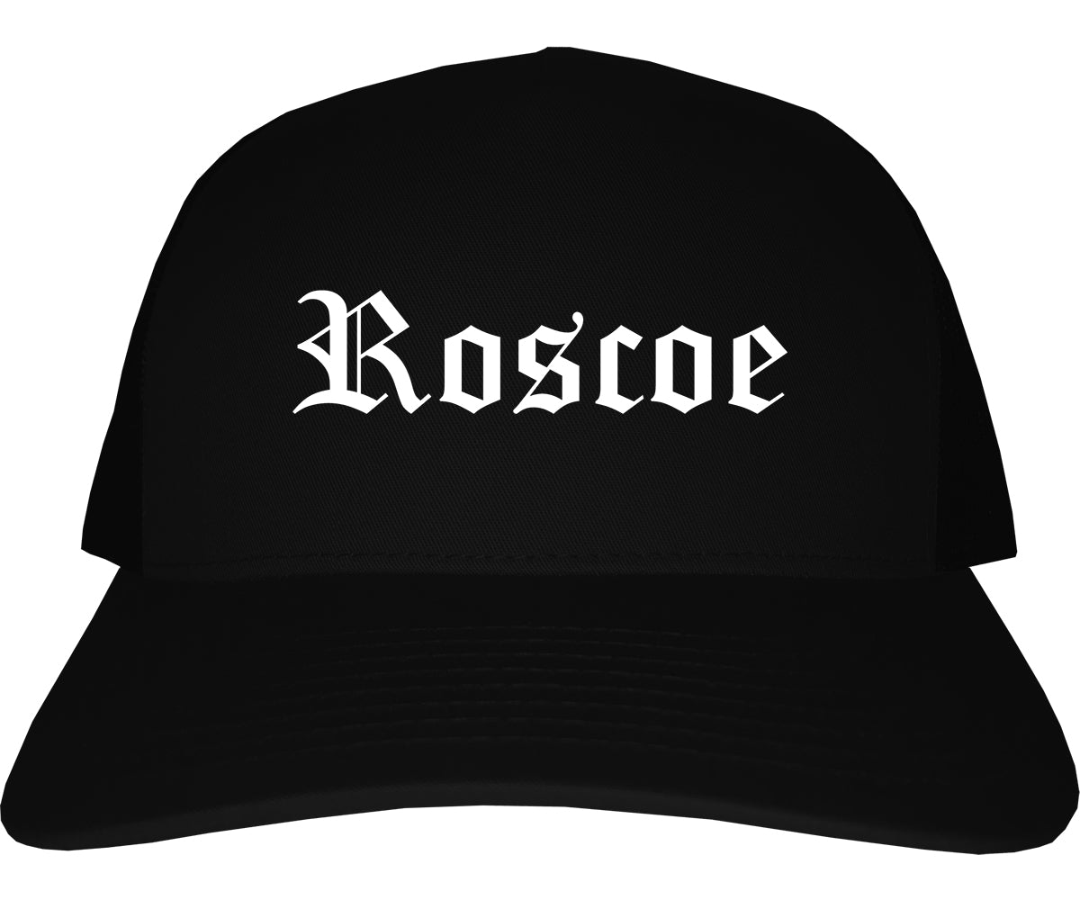 Roscoe Illinois IL Old English Mens Trucker Hat Cap Black
