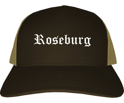 Roseburg Oregon OR Old English Mens Trucker Hat Cap Brown