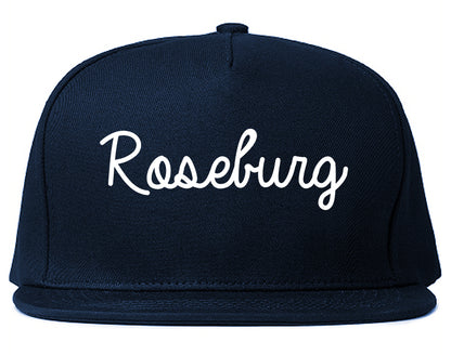Roseburg Oregon OR Script Mens Snapback Hat Navy Blue
