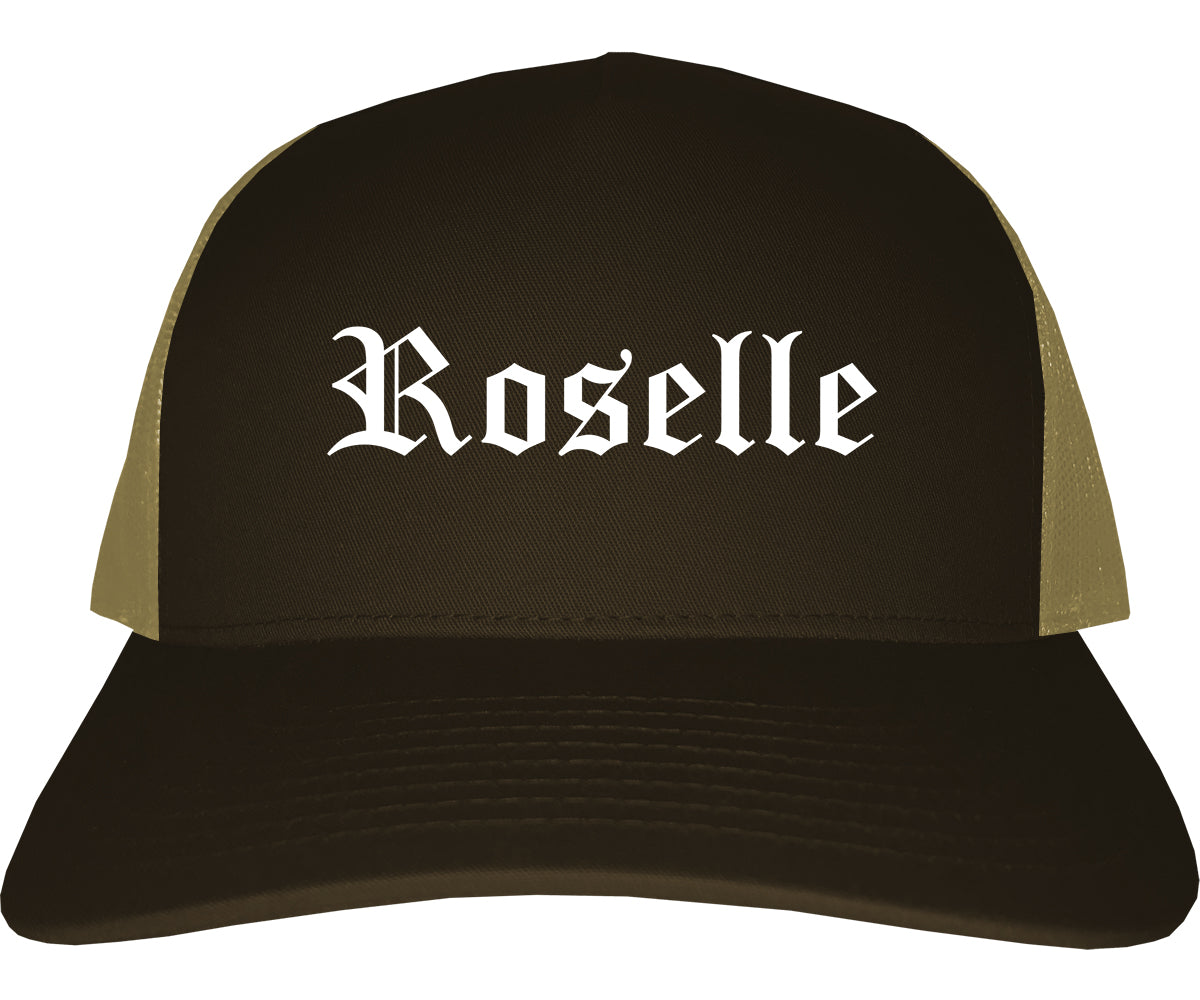 Roselle New Jersey NJ Old English Mens Trucker Hat Cap Brown