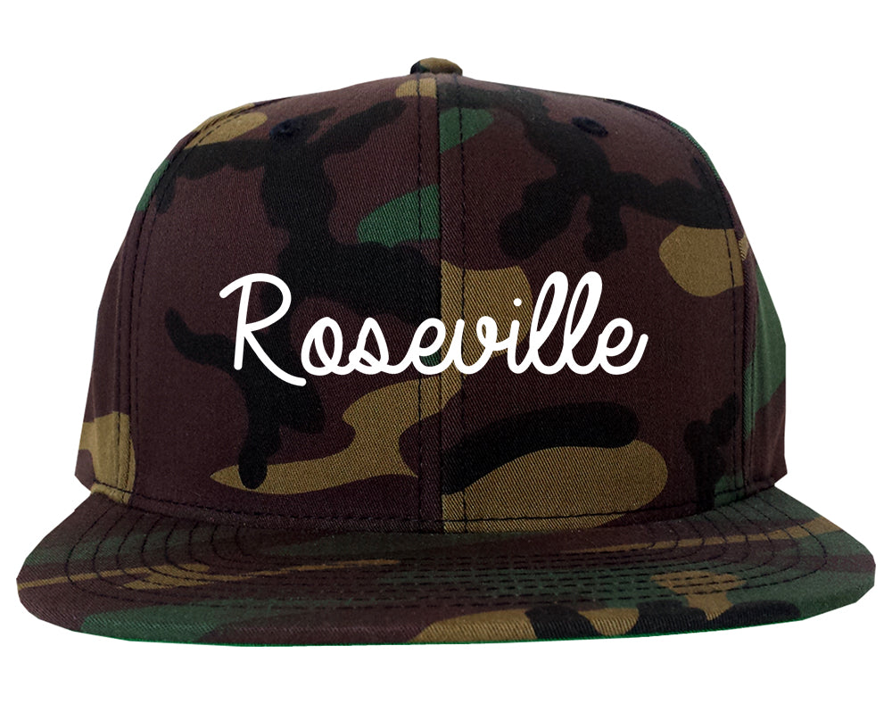 Roseville Michigan MI Script Mens Snapback Hat Army Camo