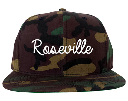 Roseville Michigan MI Script Mens Snapback Hat Army Camo