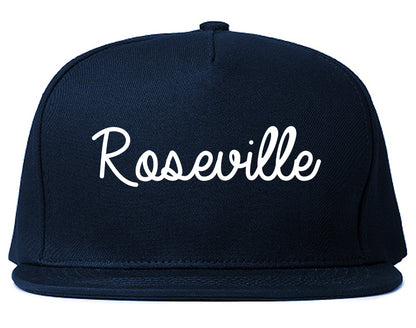 Roseville Michigan MI Script Mens Snapback Hat Navy Blue
