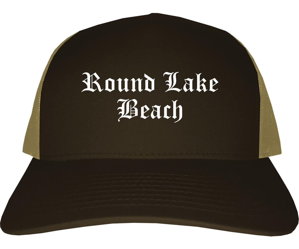Round Lake Beach Illinois IL Old English Mens Trucker Hat Cap Brown