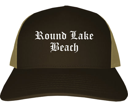 Round Lake Beach Illinois IL Old English Mens Trucker Hat Cap Brown