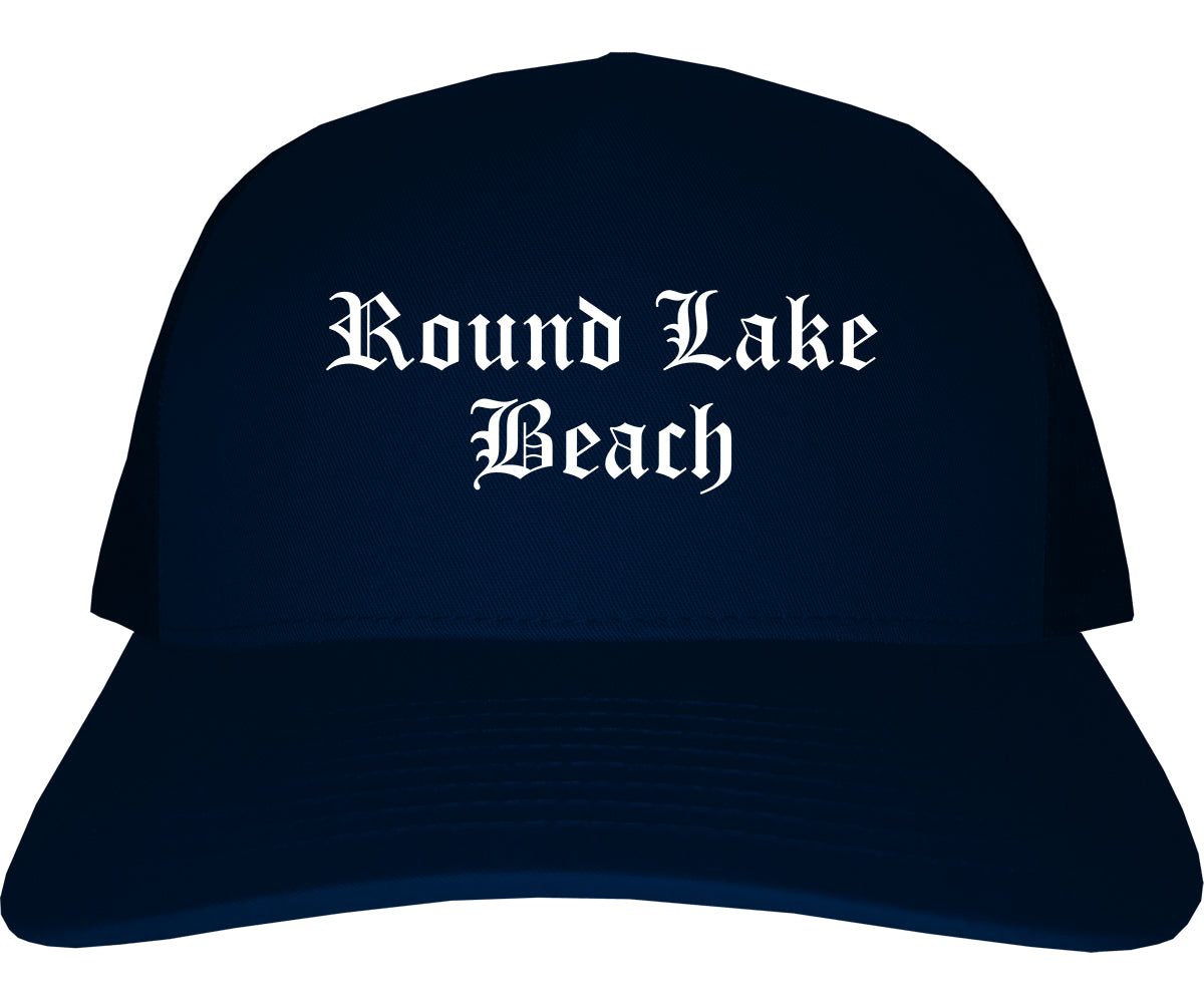 Round Lake Beach Illinois IL Old English Mens Trucker Hat Cap Navy Blue