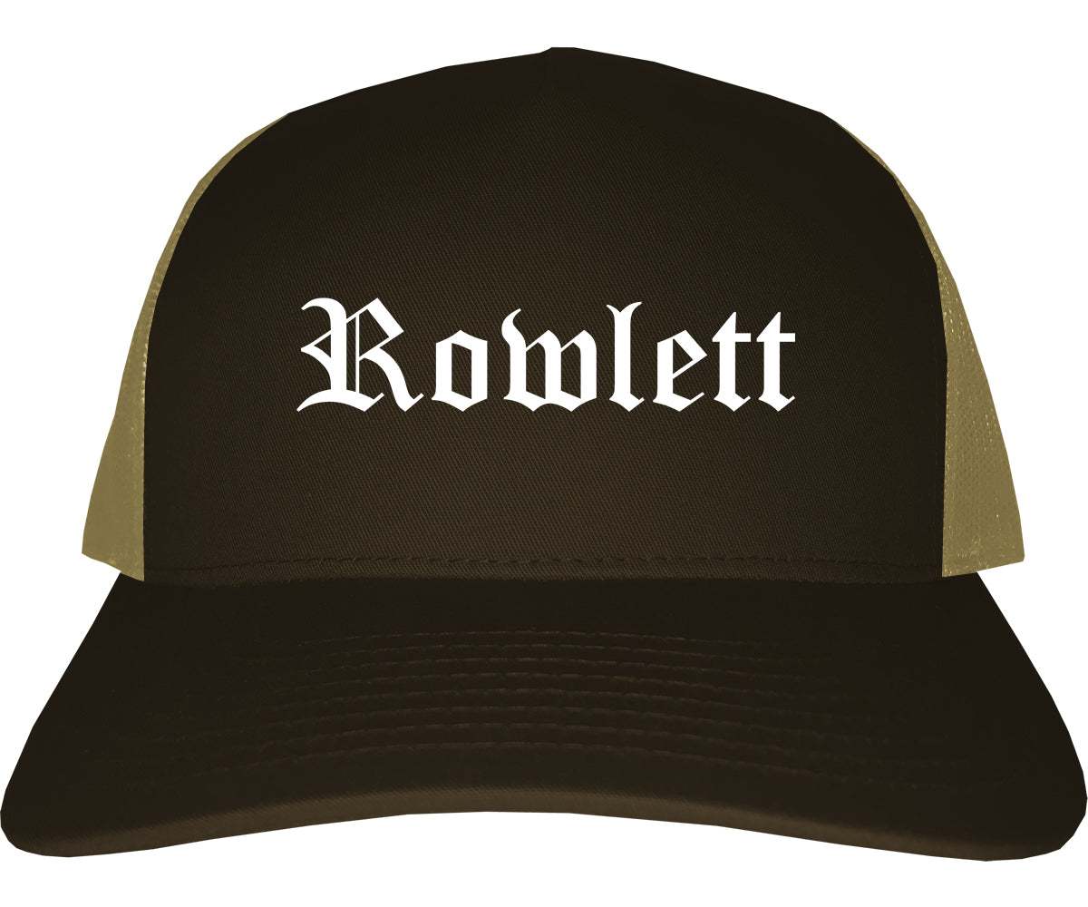 Rowlett Texas TX Old English Mens Trucker Hat Cap Brown