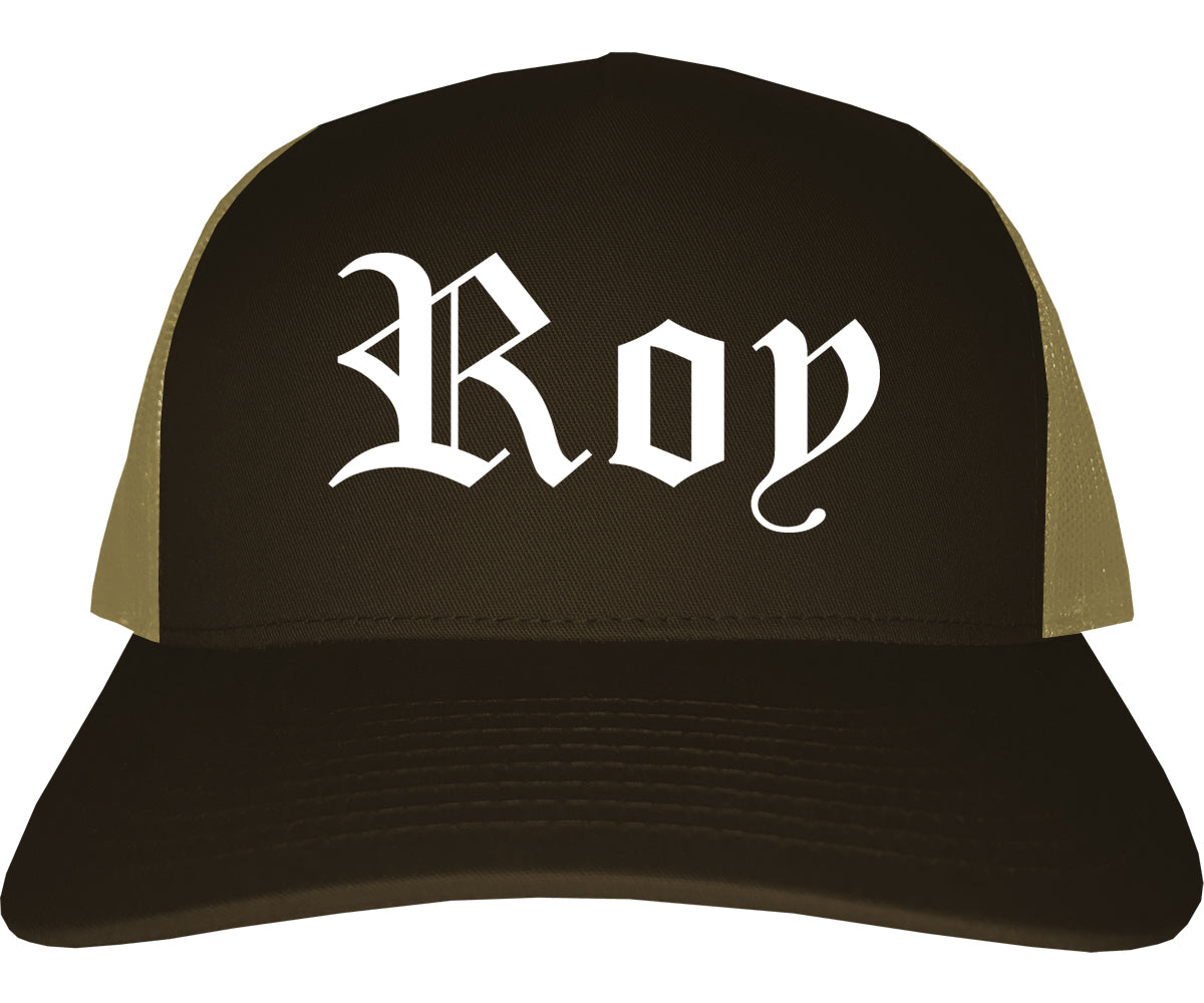 Roy Utah UT Old English Mens Trucker Hat Cap Brown