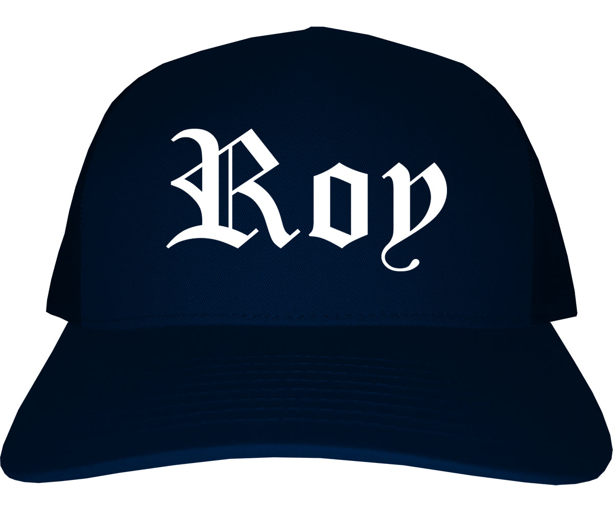 Roy Utah UT Old English Mens Trucker Hat Cap Navy Blue