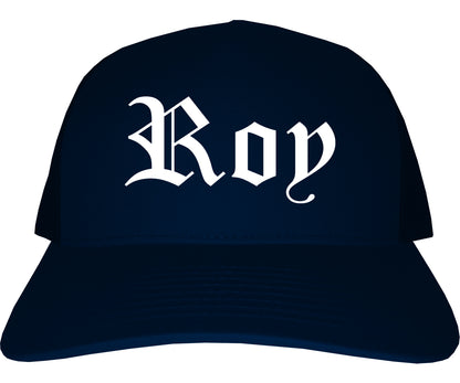 Roy Utah UT Old English Mens Trucker Hat Cap Navy Blue