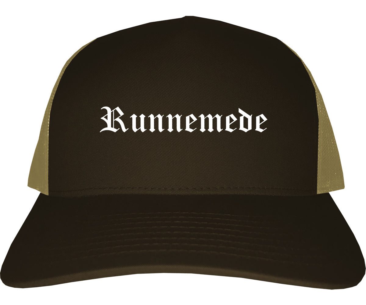 Runnemede New Jersey NJ Old English Mens Trucker Hat Cap Brown