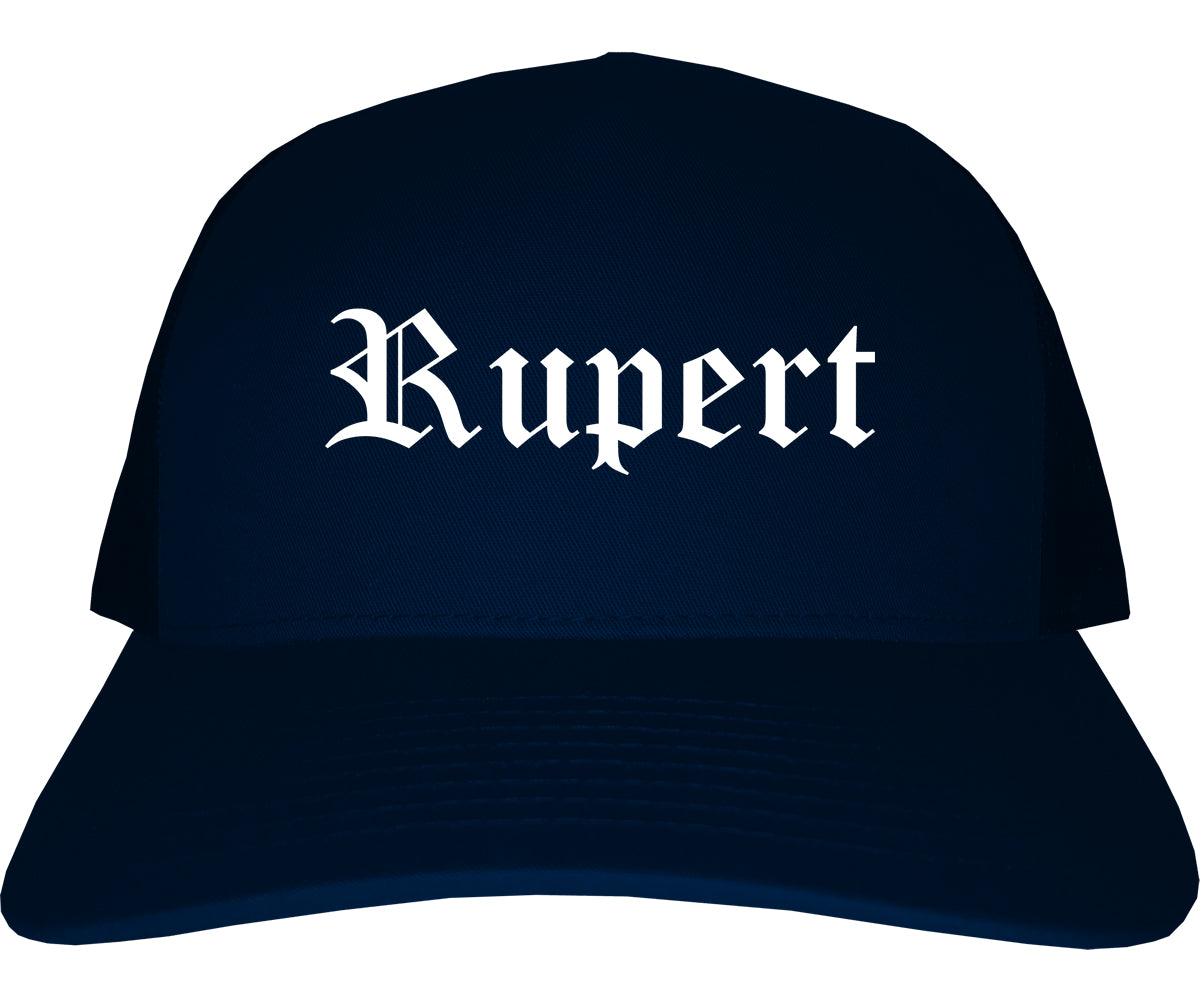 Rupert Idaho ID Old English Mens Trucker Hat Cap Navy Blue